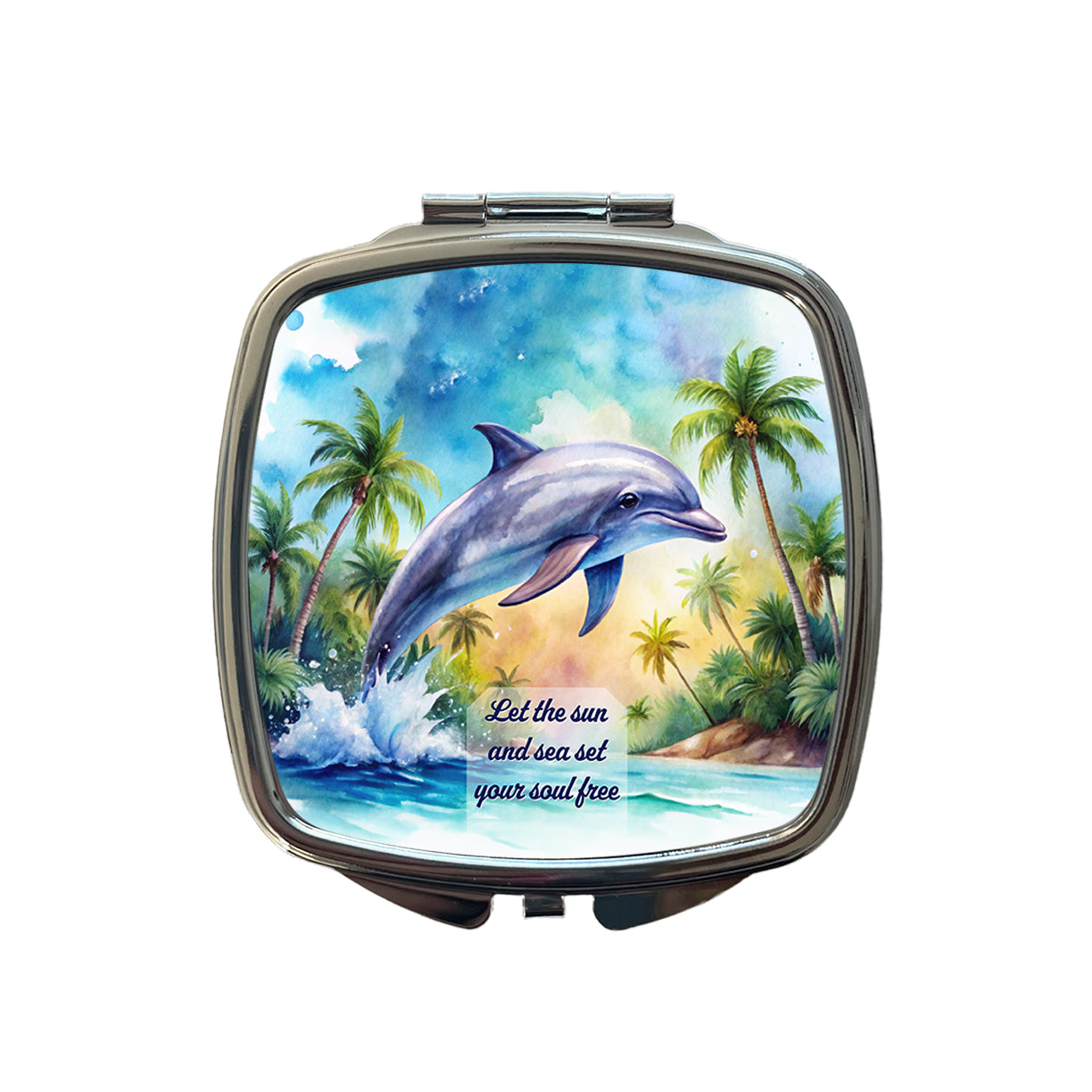 Sun Sea Set Soul Free Inspirational Dolphin Tropical Small Travel Purse Handbag Pocket Makeup Compact Mirror