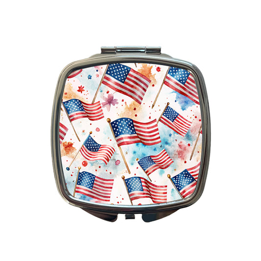 USA American Flags Patriotic Watercolor Small Travel Purse Handbag Pocket Makeup Compact Mirror