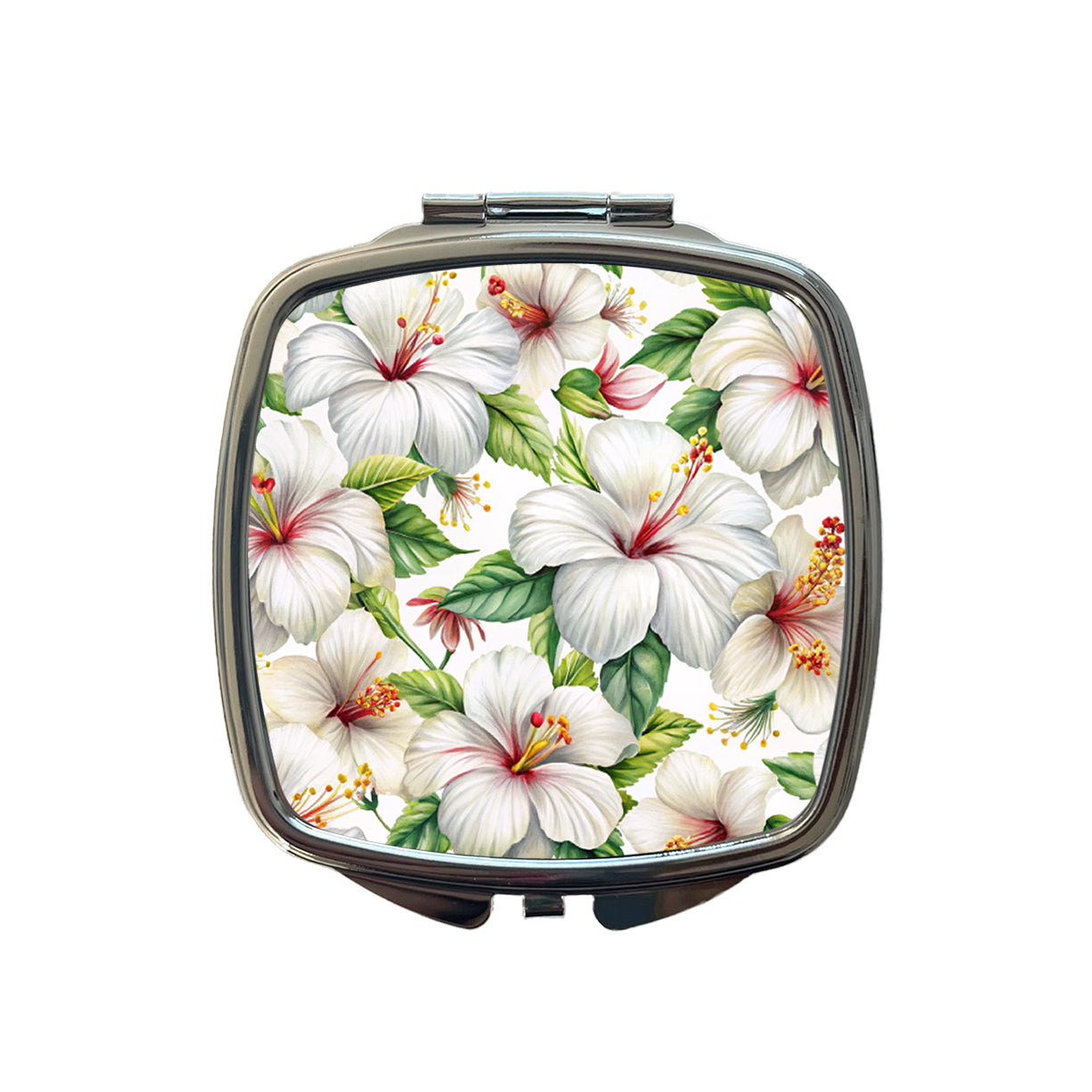 White Hibiscus Flowers Watercolor Small Travel Purse Handbag Pocket Makeup Compact Mirror