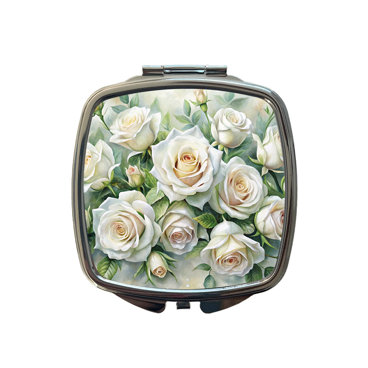 White Roses Flowers Watercolor Small Travel Purse Handbag Pocket Makeup Compact Mirror
