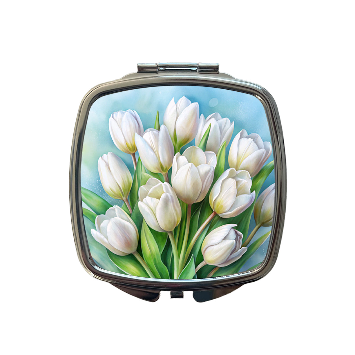 White Tulips Flowers Watercolor Small Travel Purse Handbag Pocket Makeup Compact Mirror