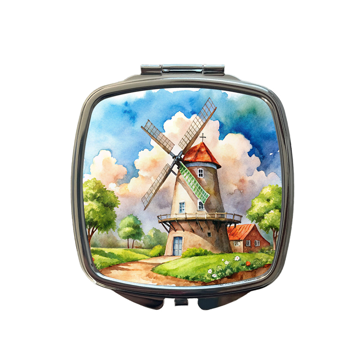 Windmill Beautiful Watercolor Small Travel Purse Handbag Pocket Makeup Compact Mirror