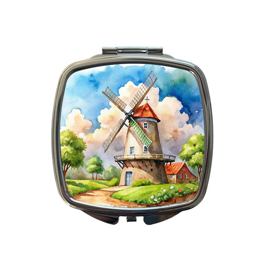 Windmill Beautiful Watercolor Small Travel Purse Handbag Pocket Makeup Compact Mirror