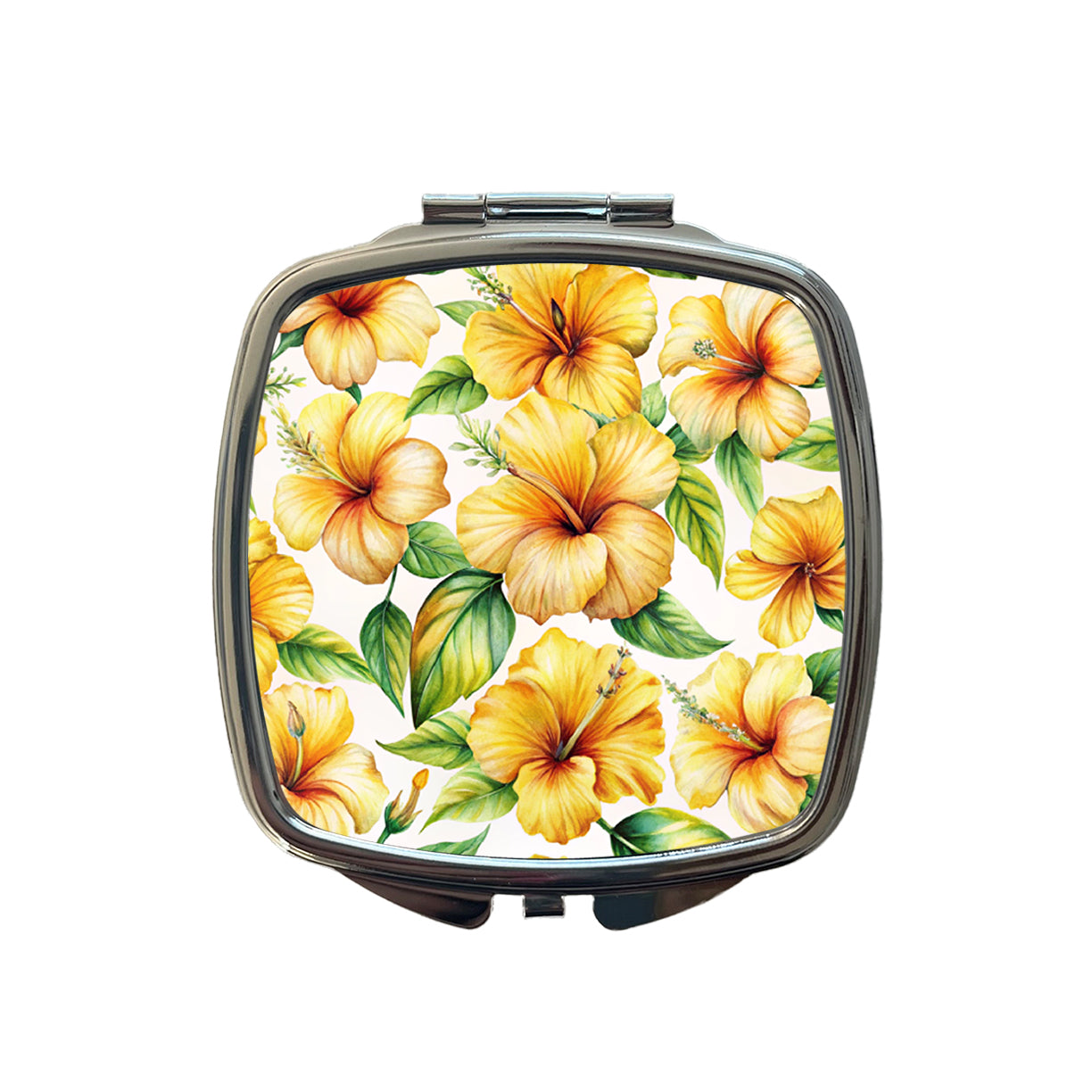 Yellow Hibiscus Flowers Watercolor Small Travel Purse Handbag Pocket Makeup Compact Mirror
