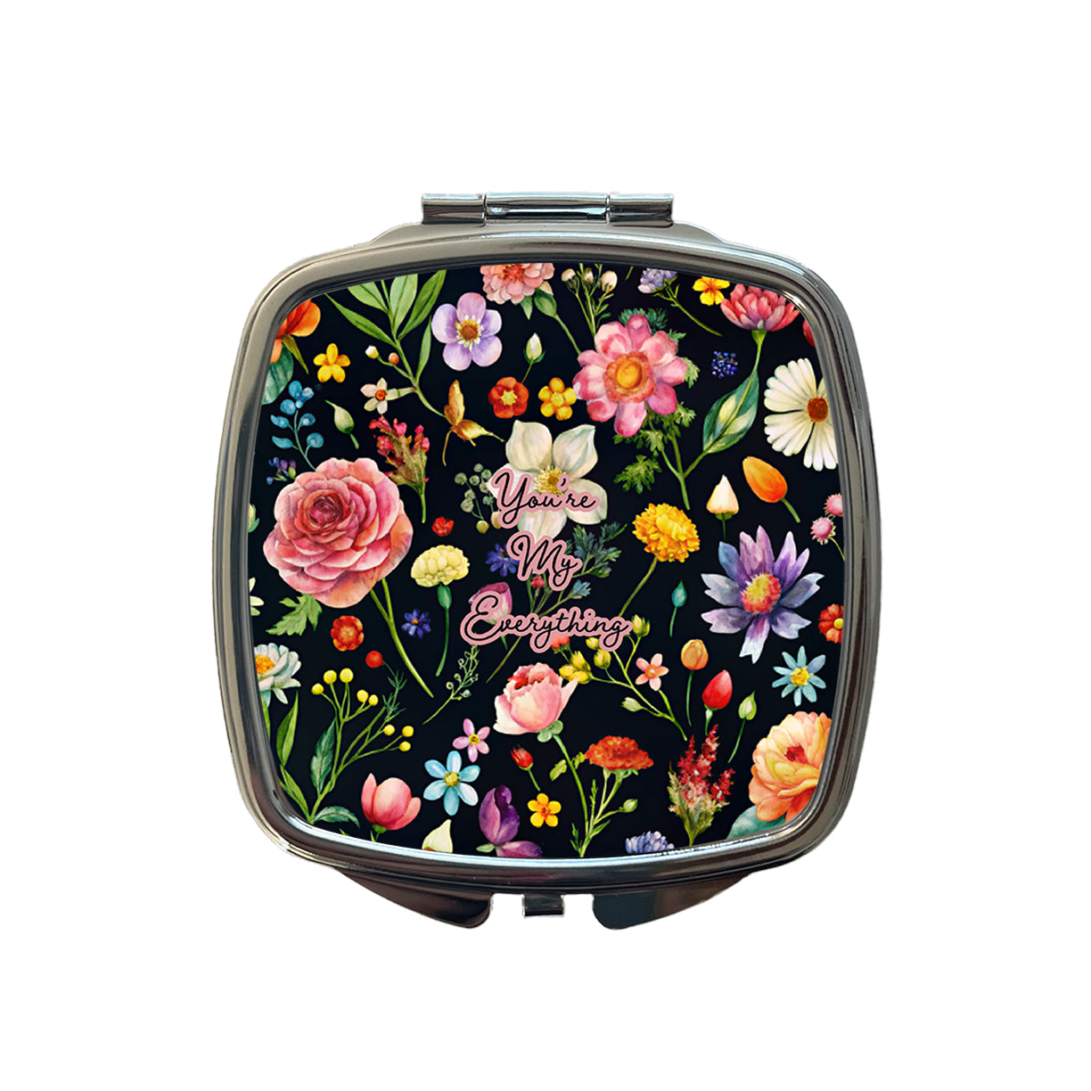 You're My Everything Romantic Love Wedding Anniversary Flowers Black Background Small Travel Purse Handbag Pocket Makeup Compact Mirror