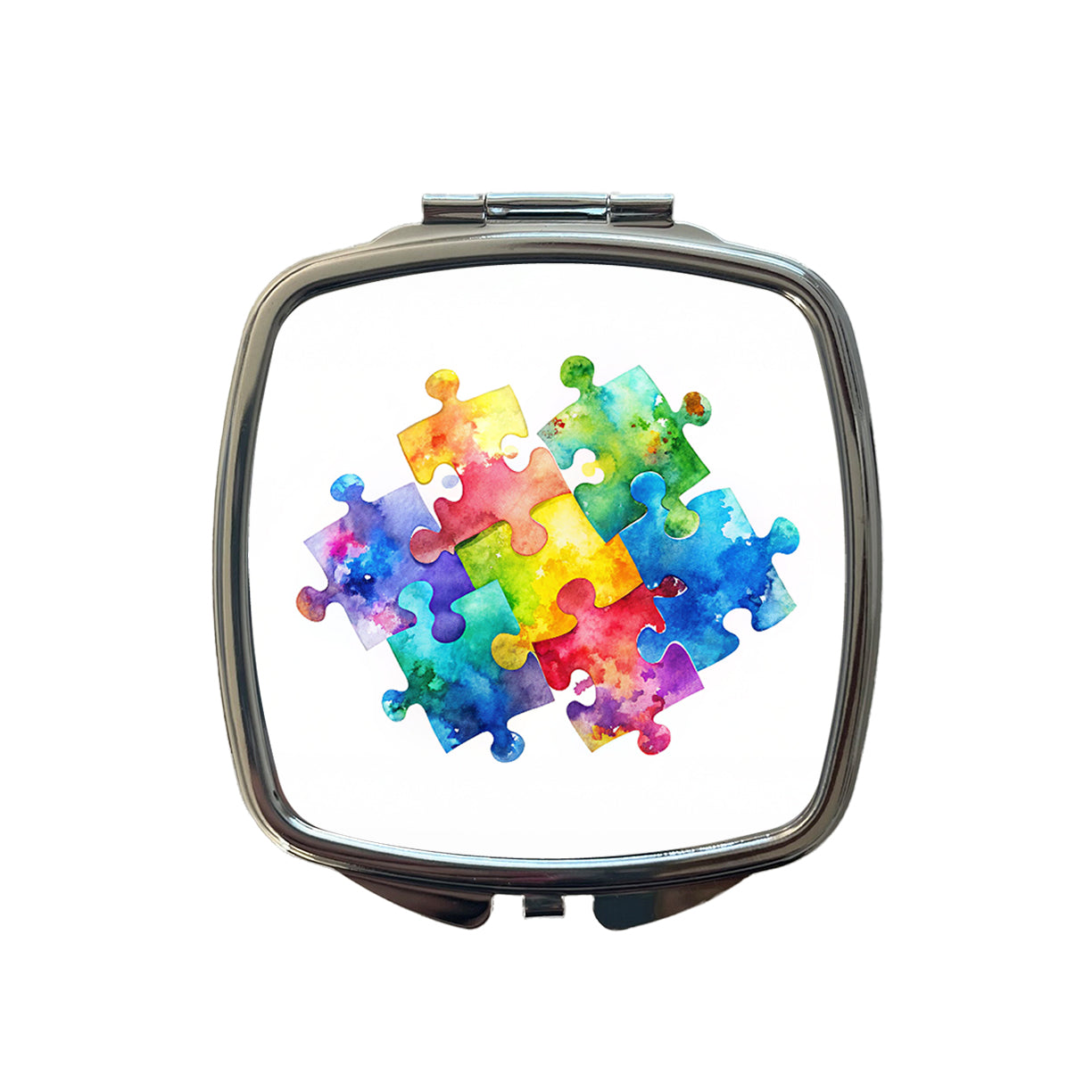 Autism Awareness Acceptance Puzzle Pieces Watercolor Small Travel Purse Handbag Pocket Makeup Compact Mirror