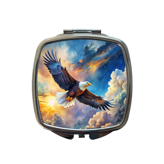 Bald Eagle Flying In Sky Clouds Watercolor Small Travel Purse Handbag Pocket Makeup Compact Mirror