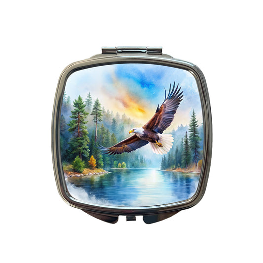Bald Eagle Flying With Forest Lake Watercolor Small Travel Purse Handbag Pocket Makeup Compact Mirror