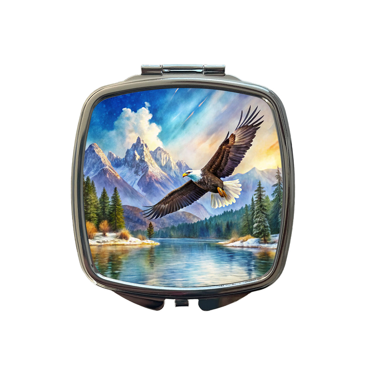 Bald Eagle Flying With Mountains Lake Watercolor Small Travel Purse Handbag Pocket Makeup Compact Mirror
