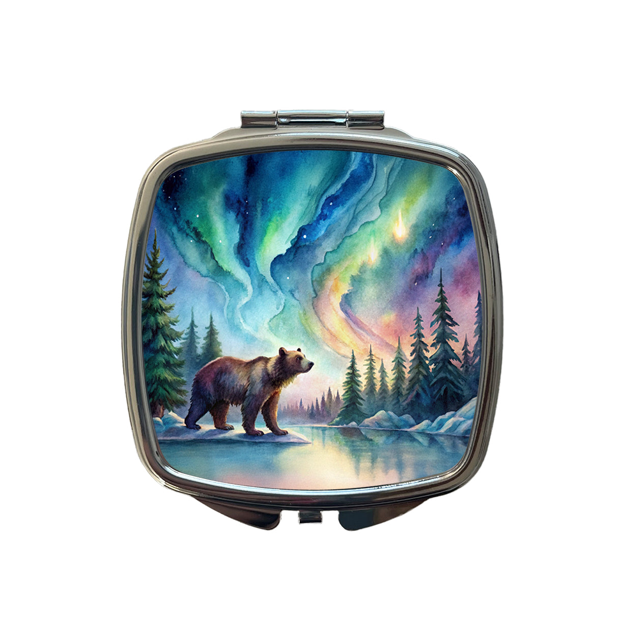 Bear And Northern Lights Watercolor Small Travel Purse Handbag Pocket Makeup Compact Mirror