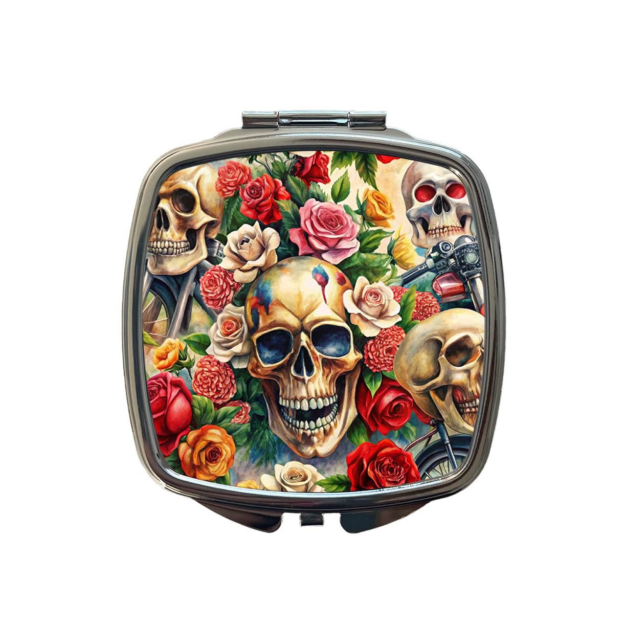 Biker Skulls And Roses Theme Watercolor Small Travel Purse Handbag Pocket Makeup Compact Mirror