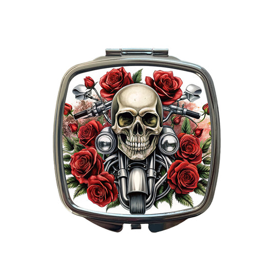 Biker Style Skulls And Roses Motorcycle Small Travel Purse Handbag Pocket Makeup Compact Mirror