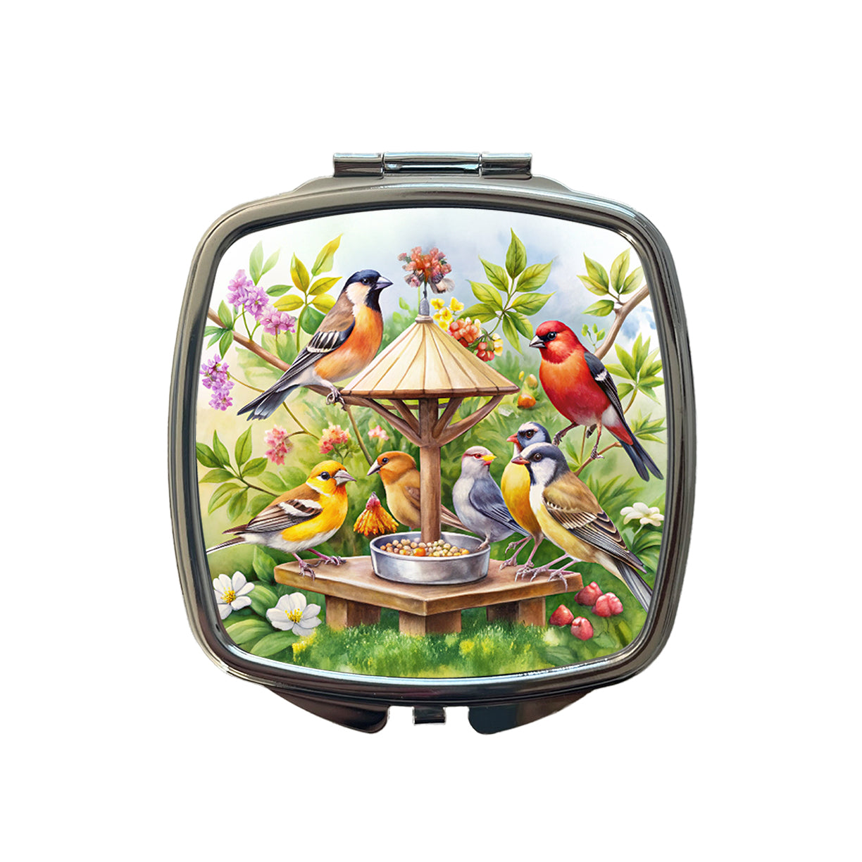 Birds At Feeder Watercolor Small Travel Purse Handbag Pocket Makeup Compact Mirror