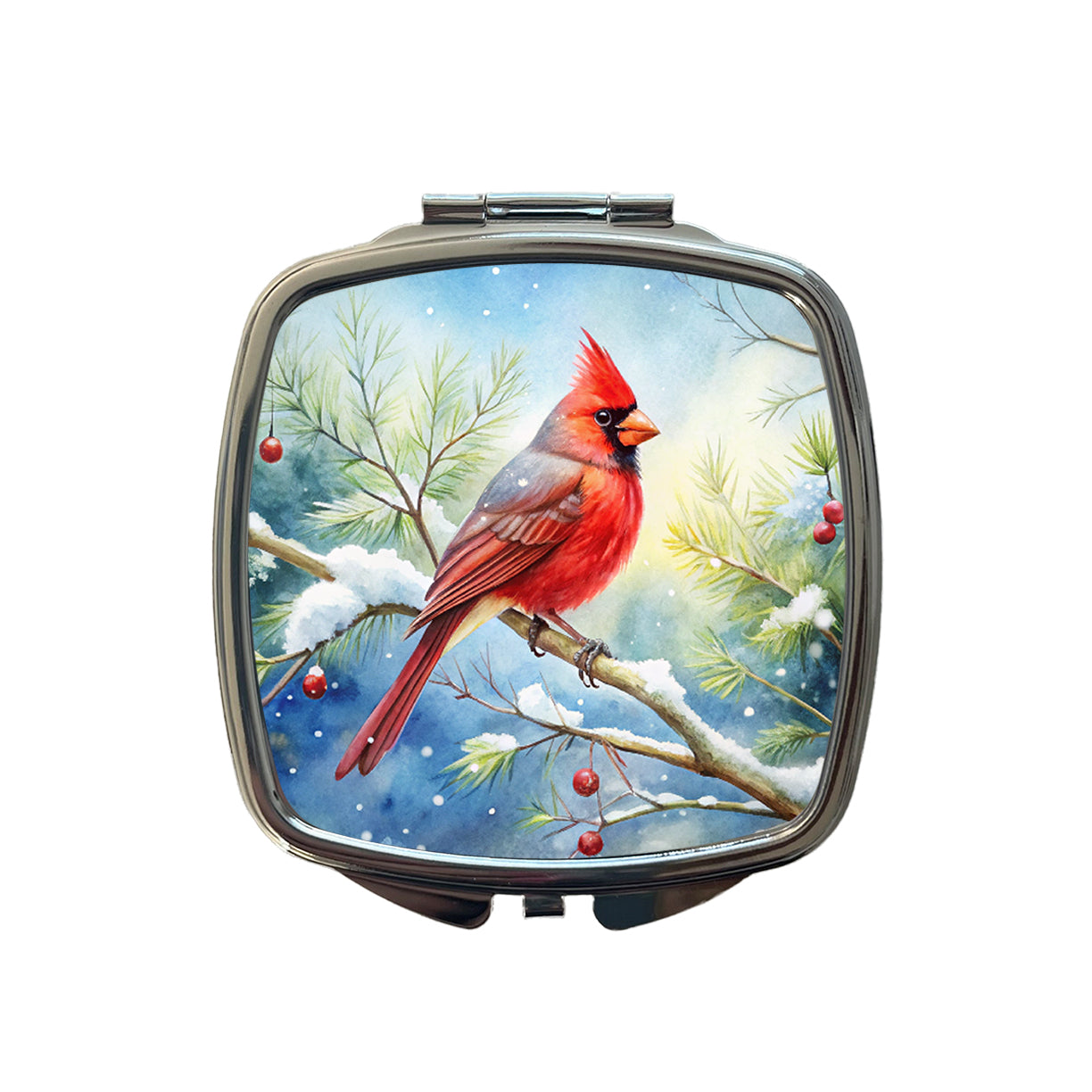 Cardinal In Snowy Tree Winter Watercolor Christmas Small Travel Purse Handbag Pocket Makeup Compact Mirror