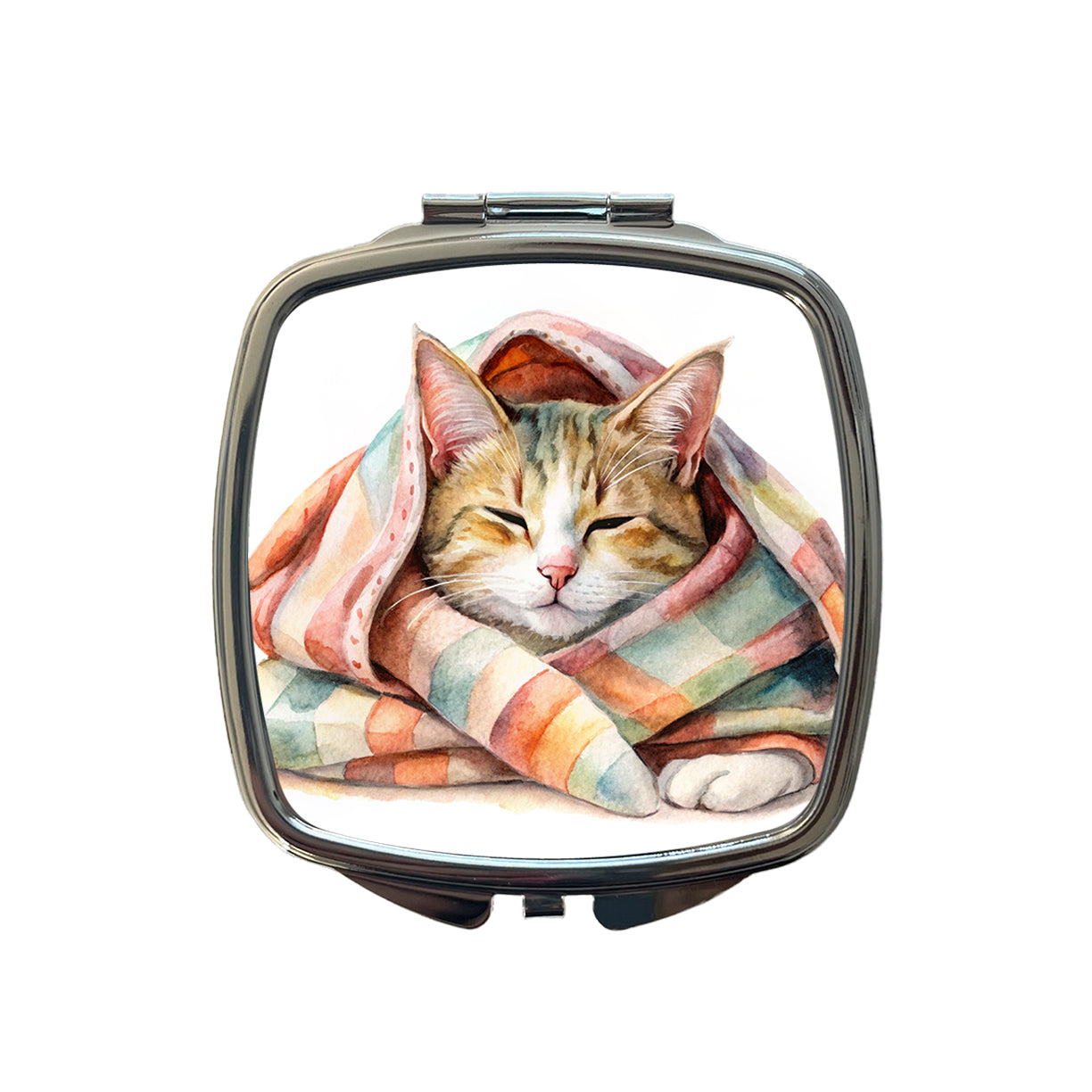 Cat Snuggling In Blanket Watercolor Small Travel Purse Handbag Pocket Makeup Compact Mirror