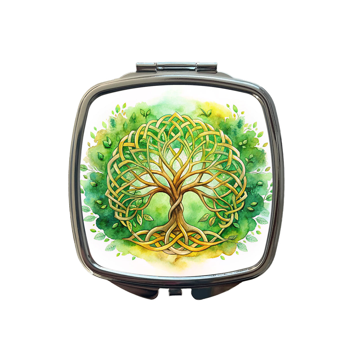 Celtic Irish Tree Of Life Knots Green And Golden Watercolor Small Travel Purse Handbag Pocket Makeup Compact Mirror