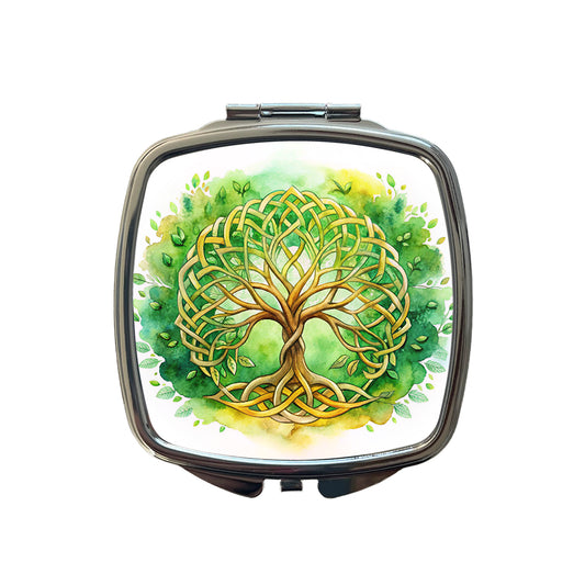 Celtic Irish Tree Of Life Knots Green And Golden Watercolor Small Travel Purse Handbag Pocket Makeup Compact Mirror