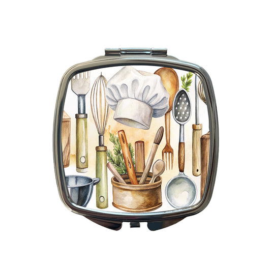 Chef's Baker's Tools Cooking Watercolor Small Travel Purse Handbag Pocket Makeup Compact Mirror