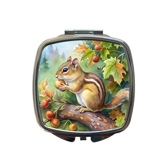 Chipmunk Eating Acorn In Tree Watercolor Small Travel Purse Handbag Pocket Makeup Compact Mirror