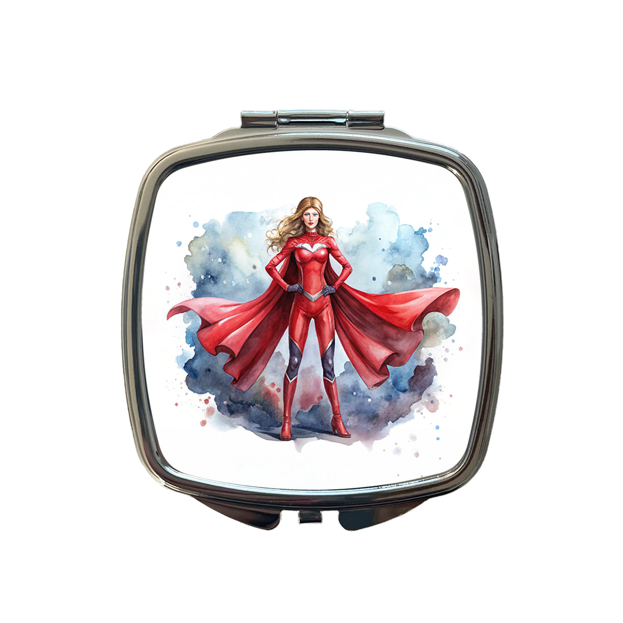 Classic Female Superhero With Red Costume Watercolor Small Travel Purse Handbag Pocket Makeup Compact Mirror
