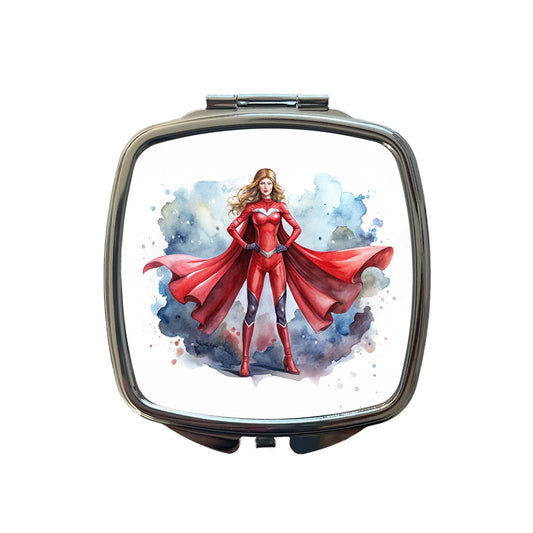 Classic Female Superhero With Red Costume Watercolor Small Travel Purse Handbag Pocket Makeup Compact Mirror