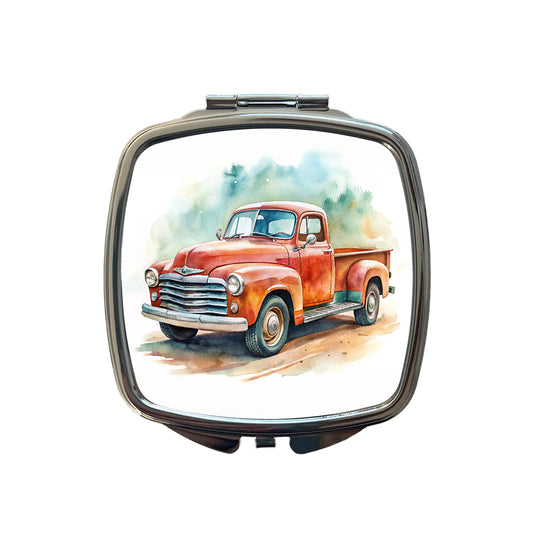 Classic Retro Vintage Pickup Truck Watercolor Small Travel Purse Handbag Pocket Makeup Compact Mirror