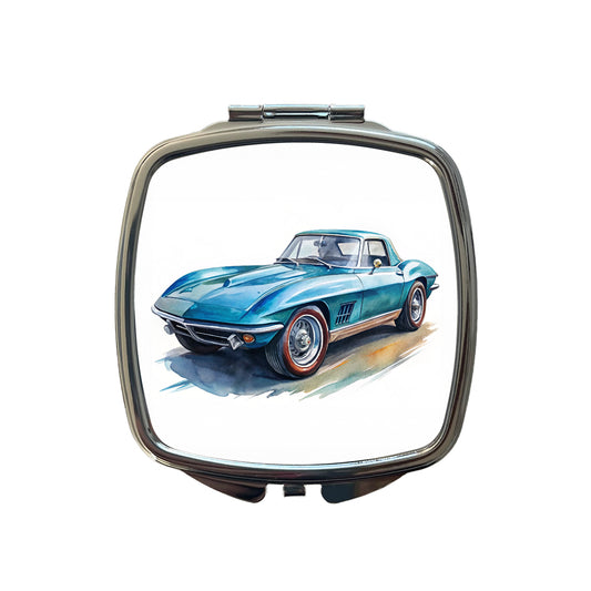 Classic Vintage Blue Sports Car Watercolor Small Travel Purse Handbag Pocket Makeup Compact Mirror