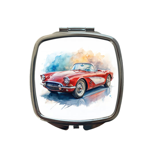 Classic Vintage Red White Sports Car Watercolor Small Travel Purse Handbag Pocket Makeup Compact Mirror