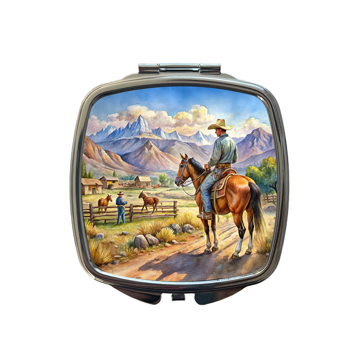 Cowboys Western Ranch Scene Watercolor Small Travel Purse Handbag Pocket Makeup Compact Mirror