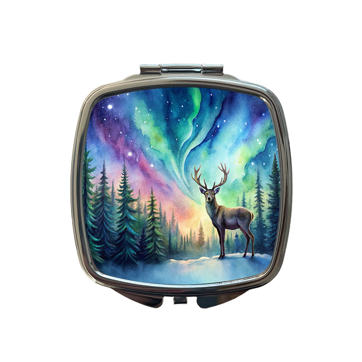 Deer And Northern Lights Watercolor Small Travel Purse Handbag Pocket Makeup Compact Mirror