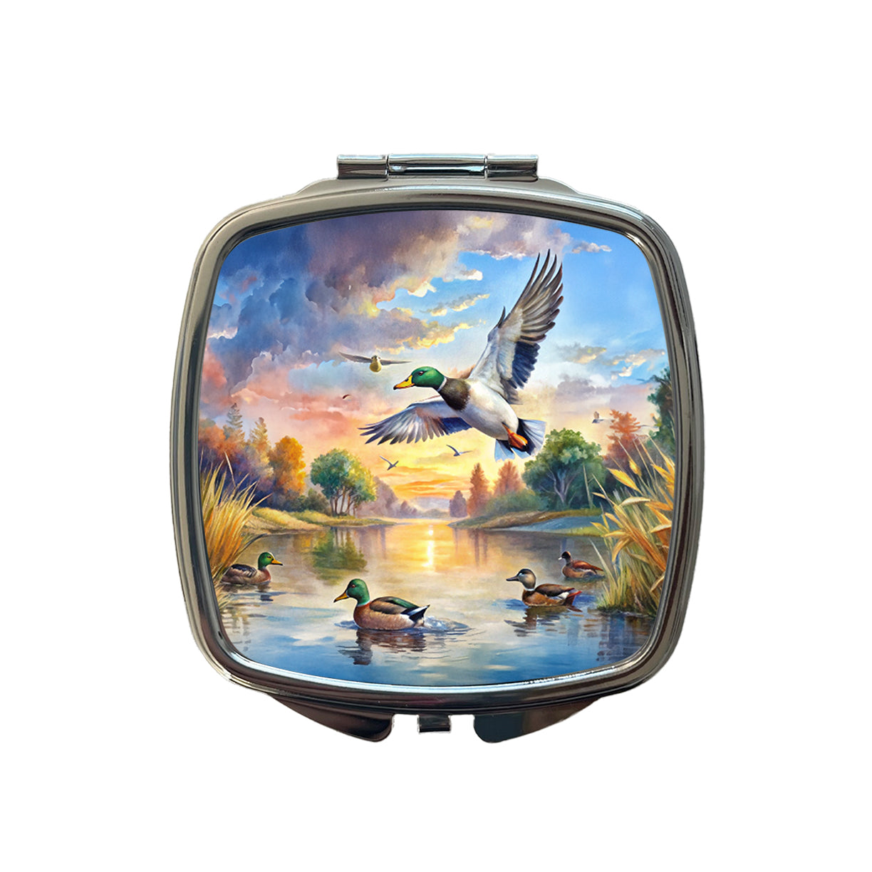 Ducks Flying At Sunrise Hunting Watercolor Small Travel Purse Handbag Pocket Makeup Compact Mirror