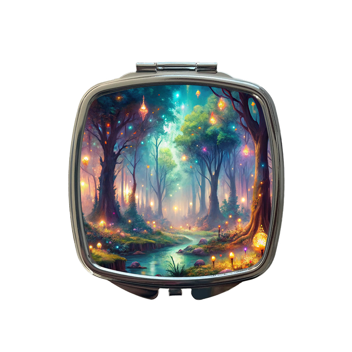 Fantasy Forest With Glowing Sprites Fae Spirits Watercolor Small Travel Purse Handbag Pocket Makeup Compact Mirror