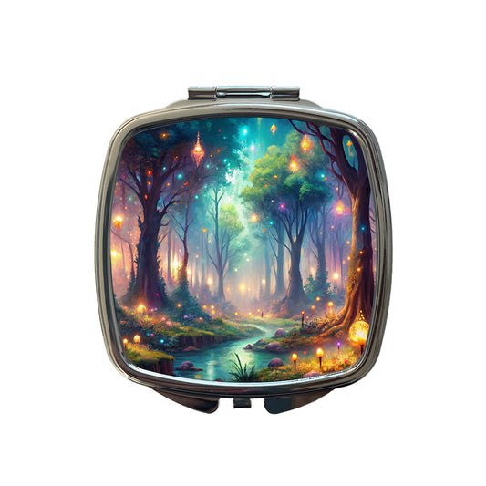Fantasy Forest With Glowing Sprites Fae Spirits Watercolor Small Travel Purse Handbag Pocket Makeup Compact Mirror