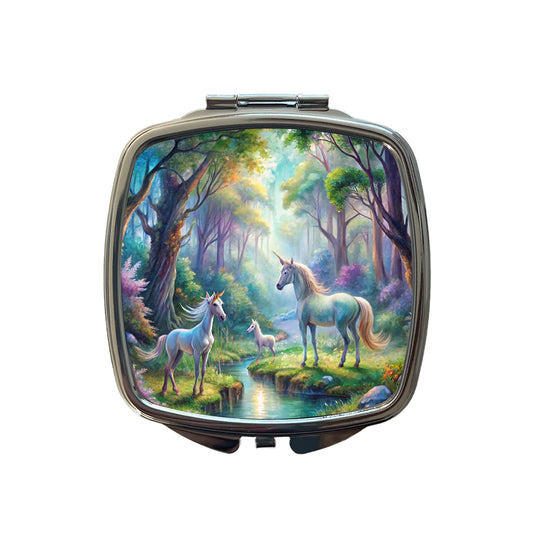 Fantasy Forest With Magical Unicorns Watercolor Small Travel Purse Handbag Pocket Makeup Compact Mirror