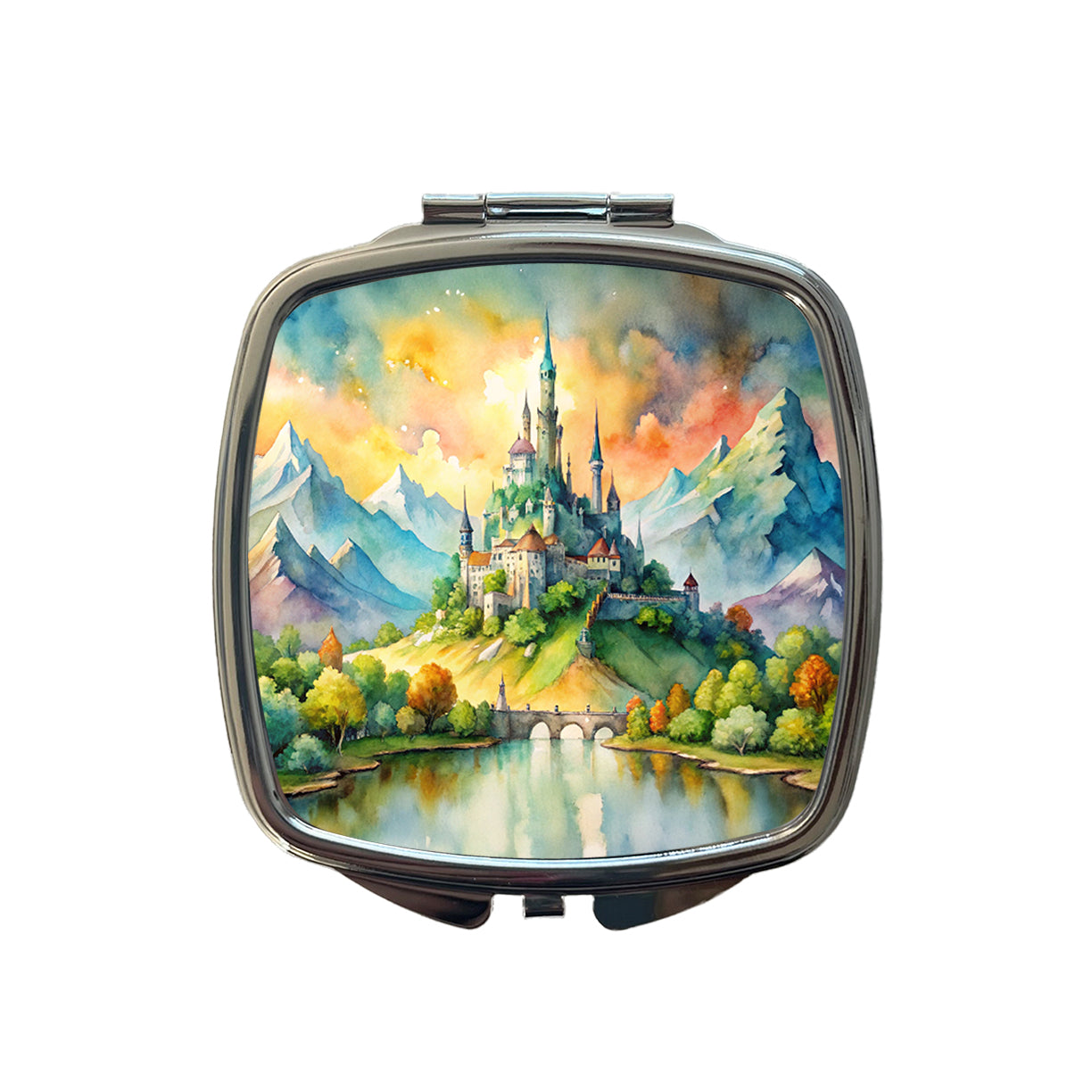 Fantasy Magical Castle On A Hill Watercolor Small Travel Purse Handbag Pocket Makeup Compact Mirror
