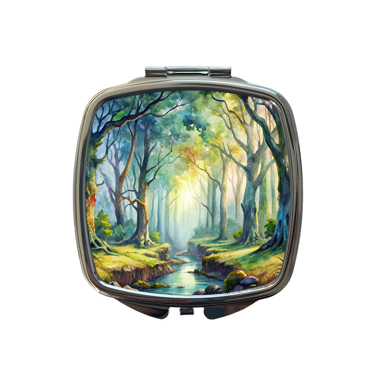Fantasy Misty Forest Stream And Trees Watercolor Small Travel Purse Handbag Pocket Makeup Compact Mirror
