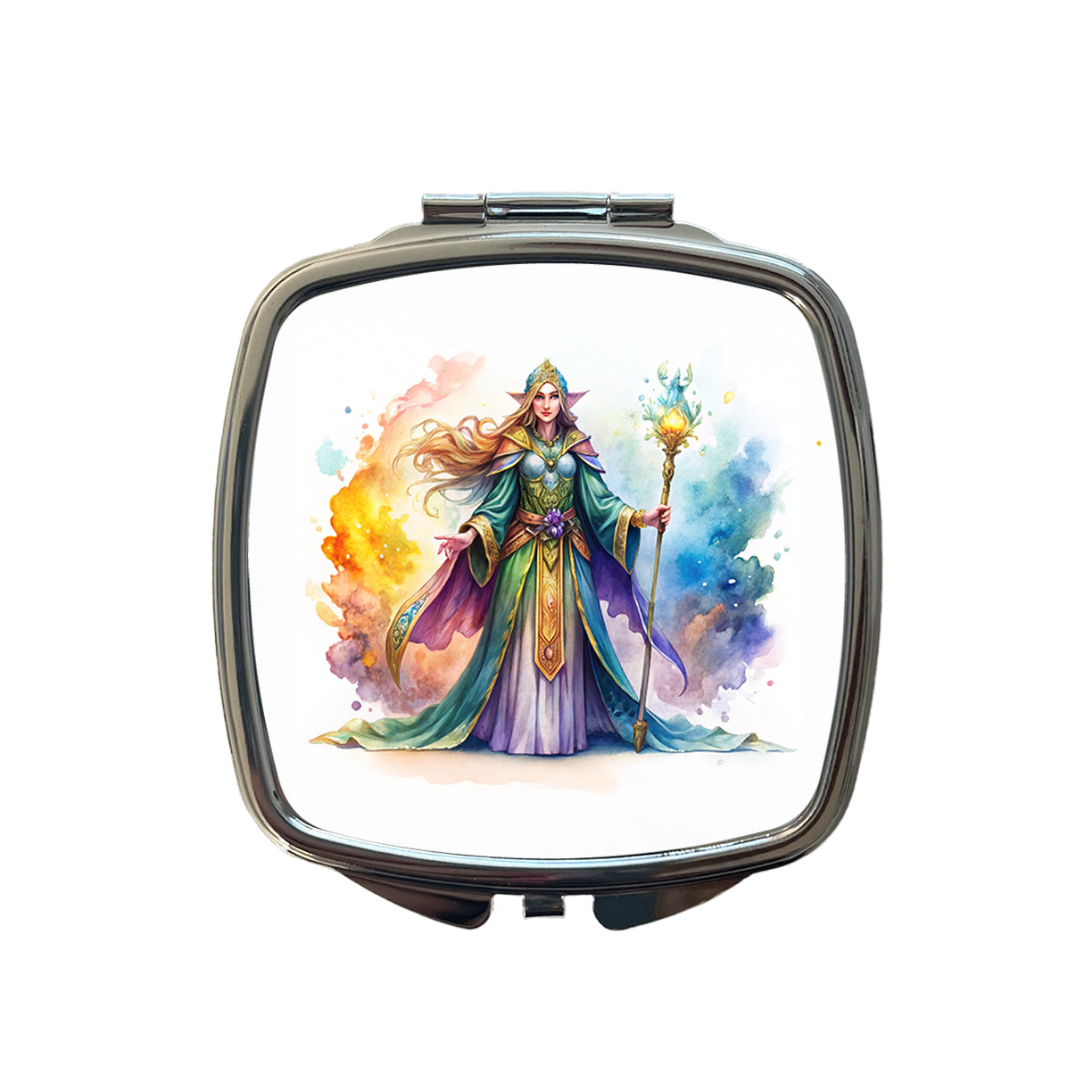 Fantasy Sorceress Colorful Magic Mana Watercolor Small Travel Purse Handbag Pocket Makeup Compact Mirror