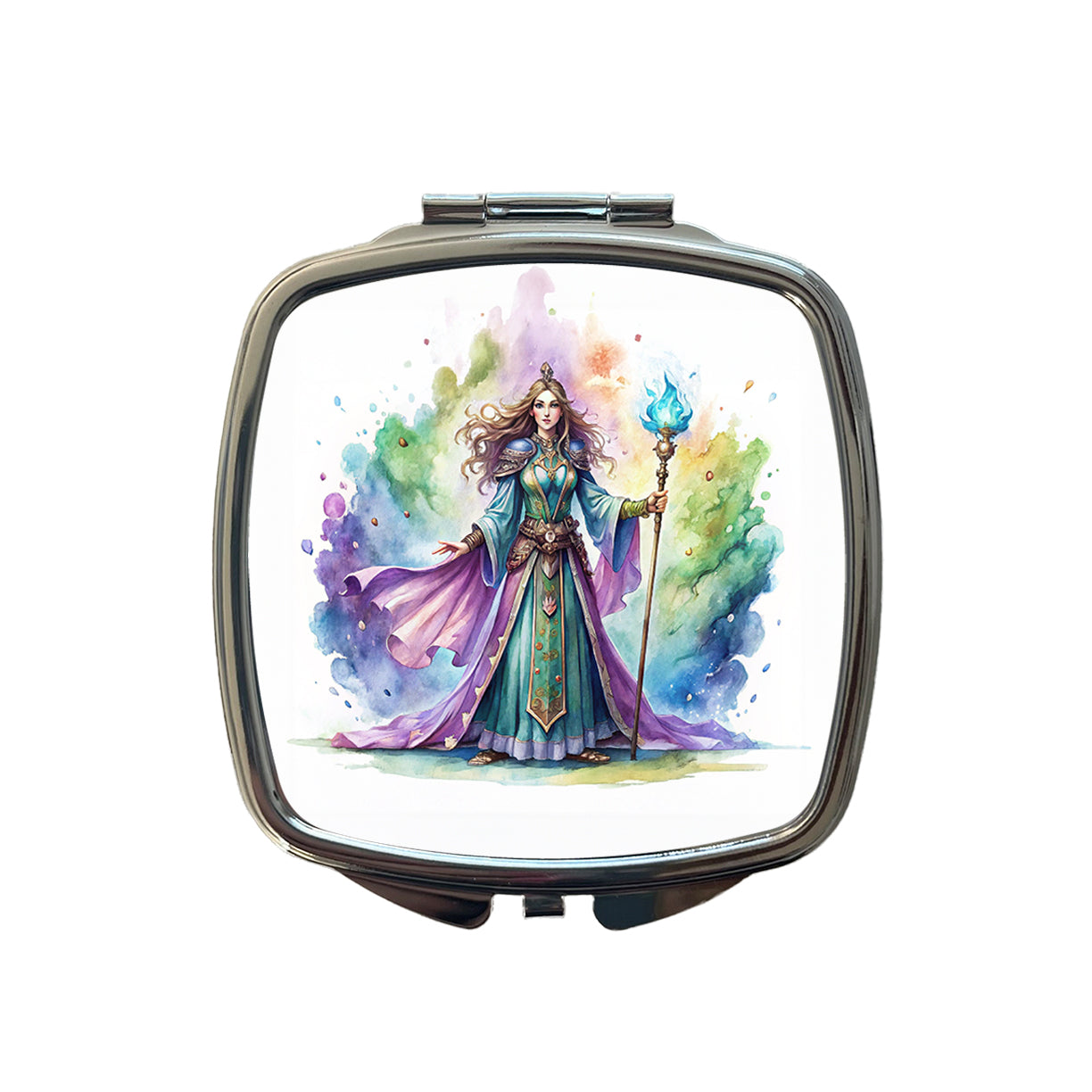 Fantasy Sorceress Purple Blue Magic Mana Watercolor Small Travel Purse Handbag Pocket Makeup Compact Mirror