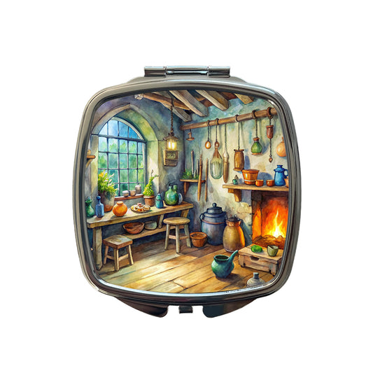Fantasy Witch's Workshop Watercolor Small Travel Purse Handbag Pocket Makeup Compact Mirror