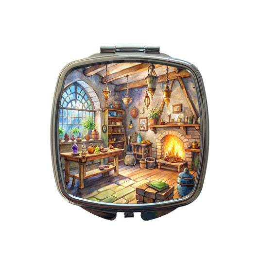 Fantasy Wizard's Sorcerer's Workshop Watercolor Small Travel Purse Handbag Pocket Makeup Compact Mirror
