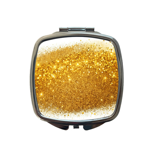 Gold Faux Glitter Small Travel Purse Handbag Pocket Makeup Compact Mirror