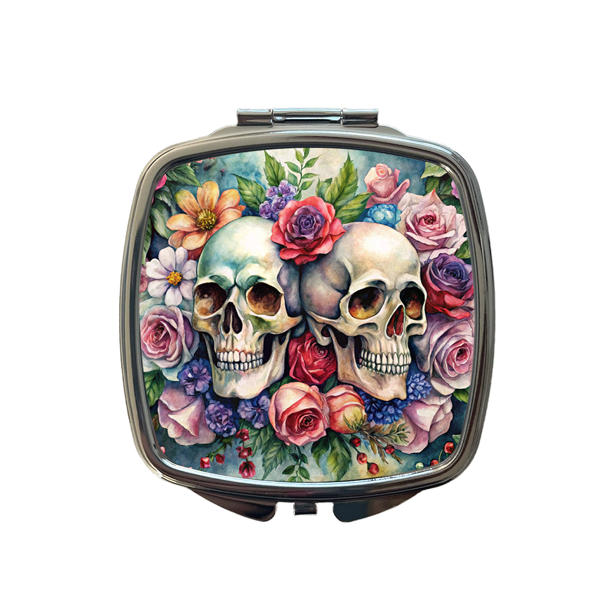Gothic Skulls And Flowers Watercolor Small Travel Purse Handbag Pocket Makeup Compact Mirror
