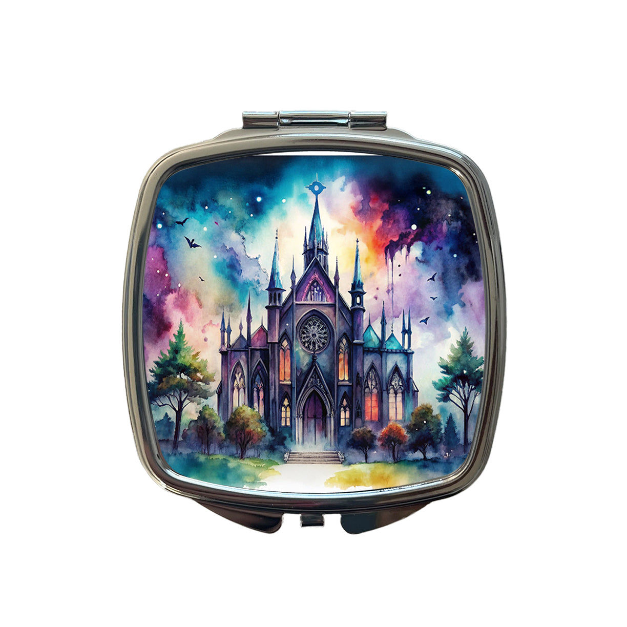 Gothic Style Church Watercolor Small Travel Purse Handbag Pocket Makeup Compact Mirror