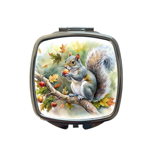 Gray Squirrel Eating Acorn In Tree Watercolor Small Travel Purse Handbag Pocket Makeup Compact Mirror