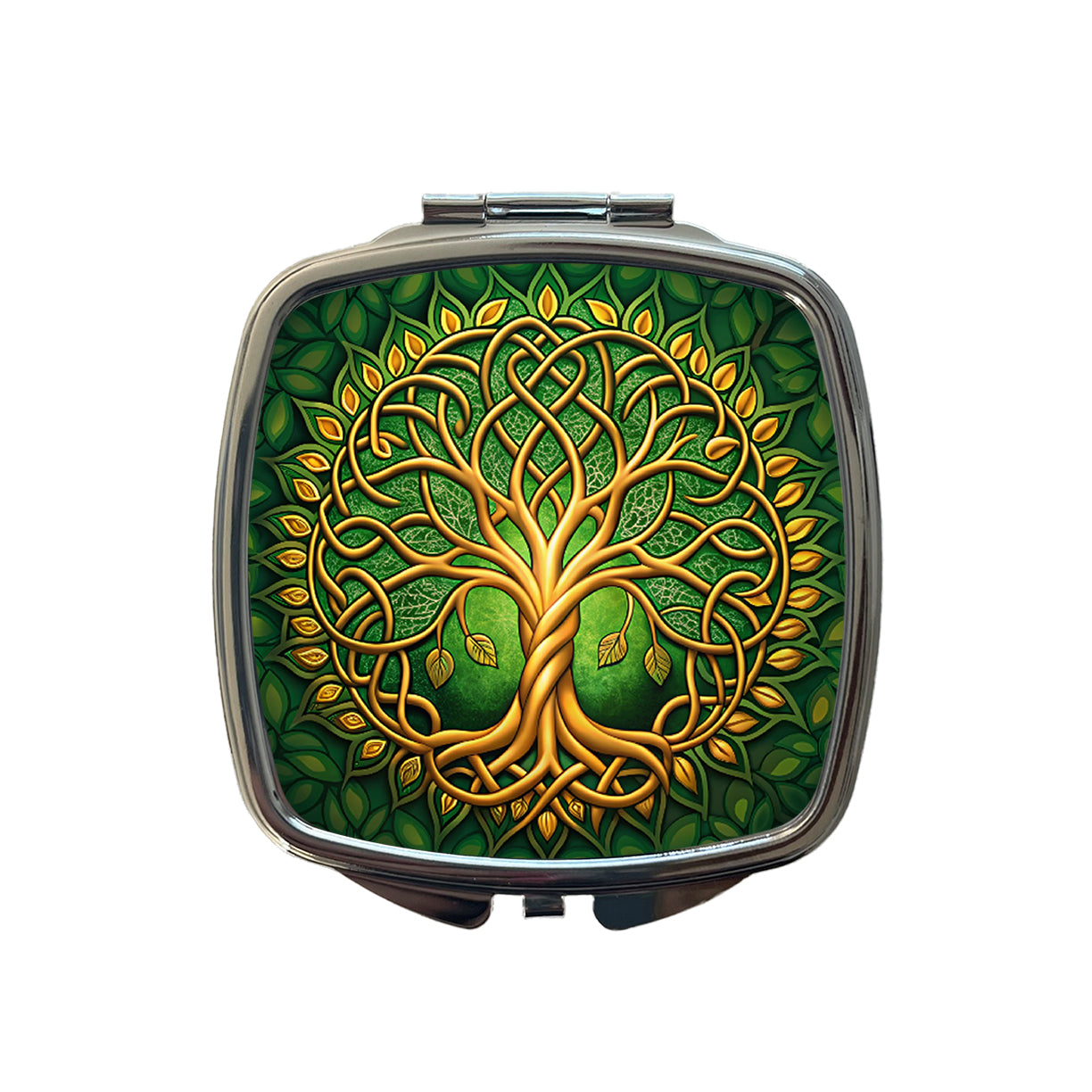 Irish Celtic Knot Tree Of Life Green And Golden Small Travel Purse Handbag Pocket Makeup Compact Mirror