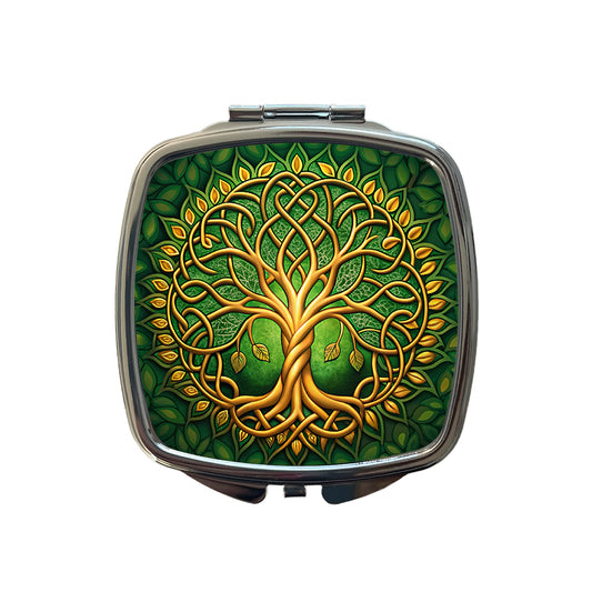Irish Celtic Knot Tree Of Life Green And Golden Small Travel Purse Handbag Pocket Makeup Compact Mirror