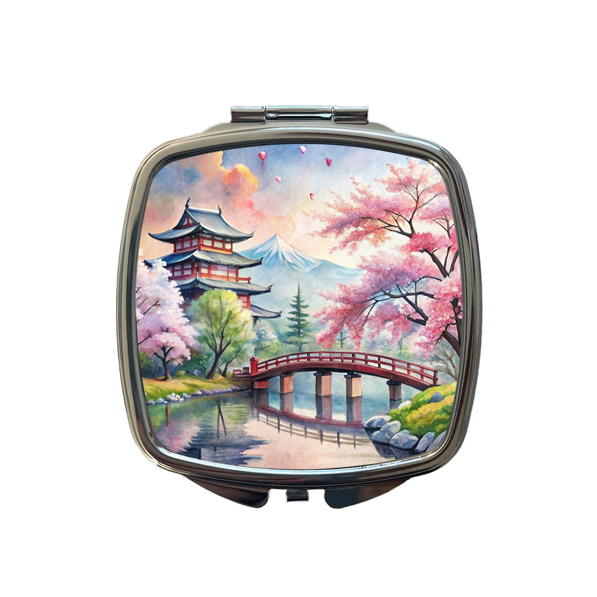 Japanese Scene With Bridge And Cherry Blossom Trees Watercolor Small Travel Purse Handbag Pocket Makeup Compact Mirror
