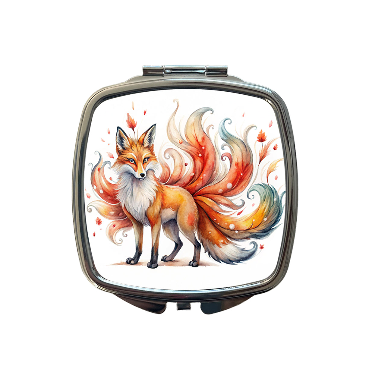 Kitsune Fox With Many Tails Asian Japanese Spirit Folklore Watercolor Small Travel Purse Handbag Pocket Makeup Compact Mirror