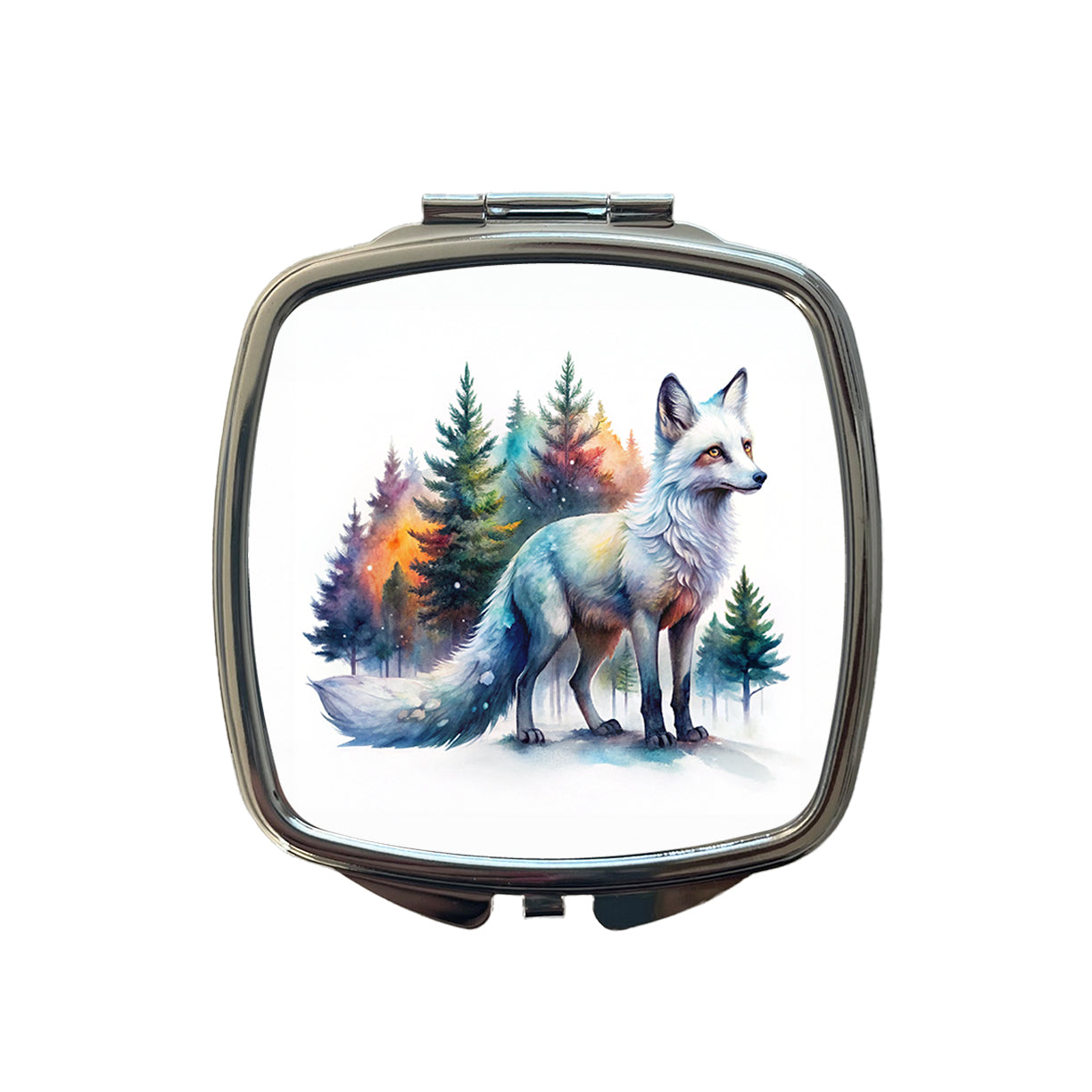 Kitsune White Fox Asian Japanese In Forest Watercolor Small Travel Purse Handbag Pocket Makeup Compact Mirror