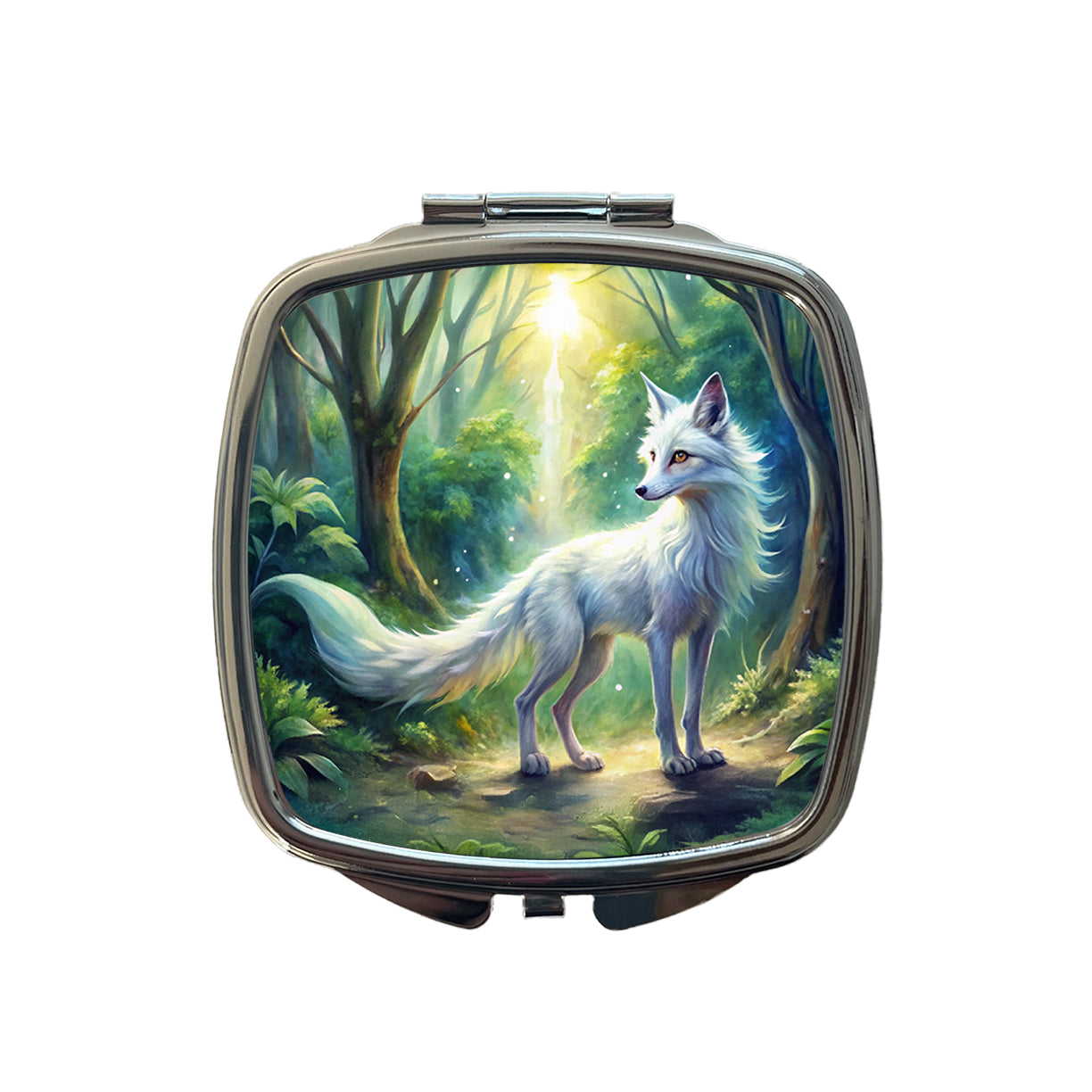 Kitsune White Fox Fantasy Japanese In Forest Watercolor Small Travel Purse Handbag Pocket Makeup Compact Mirror